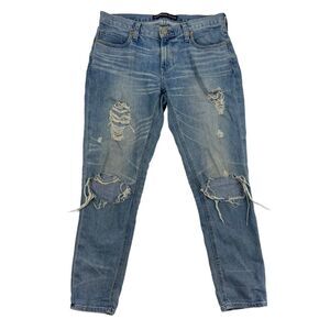 Express Girlfriend Denim BlueJeans Medium Wash Stretch Distressed Sz 2 Stretch